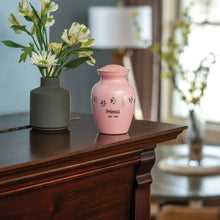 Classic Pearl Pink Paw Print Band Small Pet Cremation Urn - Lifestyle