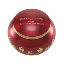 Round Glossy Crimson Brass Paw Print Band Small Pet Cremation Urn - Personalized