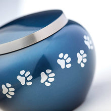 Round Glossy Deep Blue Brass Paw Print Band Small Pet Cremation Urn - Artistic