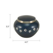 Round Glossy Deep Blue Brass Paw Print Band Small Pet Cremation Urn - Dimensions