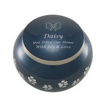 Round Glossy Deep Blue Brass Paw Print Band Small Pet Cremation Urn - Personalized