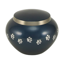 Round Glossy Deep Blue Brass Paw Print Band Small Pet Cremation Urn