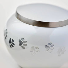Round Glossy Pearl White Brass Paw Print Band Small Pet Cremation Urn - Artistic