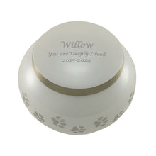 Round Glossy Pearl White Brass Paw Print Band Small Pet Cremation Urn - Personalized