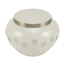 Round Glossy Pearl White Brass Paw Print Band Small Pet Cremation Urn