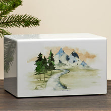White Gloss MDF Mountain Stream Adult Cremation Urn - Lifestyle