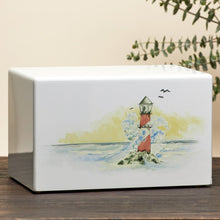 White Gloss MDF Lighthouse Scene Adult Cremation Urn - Lifestyle