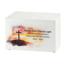 White Gloss MDF Artistic Cross on Hill Adult Cremation Urn - Personalized