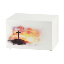 White Gloss MDF Artistic Cross on Hill Adult Cremation Urn