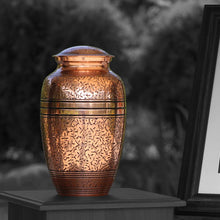 Polished Copper Brass Oak Leaf Engraved Adult Cremation Urn - Lifestyle