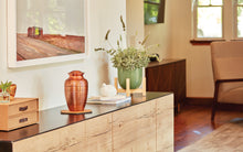 Polished Copper Brass Oak Leaf Engraved Adult Cremation Urn - Lifestyle