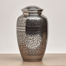 Polished Nickel Brass Oak Leaf Engraved Adult Cremation Urn - Lifestyle