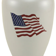 Shimmery White Stainless Steel Adult Cremation Urn with American Flag - Artistic
