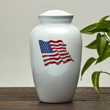 Shimmery White Stainless Steel Adult Cremation Urn with American Flag - Lifestyle