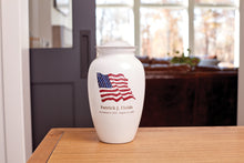 Shimmery White Stainless Steel Adult Cremation Urn with American Flag - Lifestyle