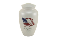 Shimmery White Stainless Steel Adult Cremation Urn with American Flag - Personalized
