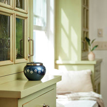 Classic Round Deep Blue Paw Band Medium Pet Cremation Urn - Lifestyle