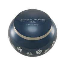 Classic Round Deep Blue Paw Band Large Pet Cremation Urn - Personalized