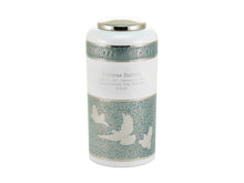 White Brass Adult Cremation Urn with Teal Doves Design - Personalized