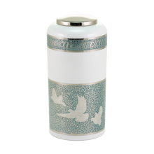 White Brass Adult Cremation Urn with Teal Doves Design