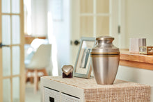 Metallic Pewter Brass Accent Band Adult Cremation Urn - Lifestyle