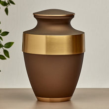 Matte Brown Brass Gold Accent Band Adult Cremation Urn - Lifestyle
