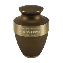 Matte Brown Brass Gold Accent Band Adult Cremation Urn - Personalized