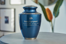 Moonlight Blue Brass Adult Cremation Urn with Pewter Accents - Lifestyle