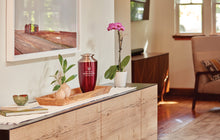 Ruby Red Aluminum & Brass Brushed Silver Lid Adult Cremation Urn - Lifestyle