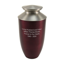 Ruby Red Aluminum & Brass Brushed Silver Lid Adult Cremation Urn - Personalized