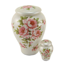 Ivory Ceramic Pink Rose Bouquet Adult Cremation Urn - Size