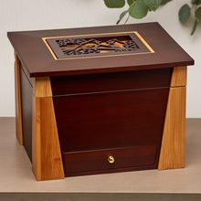 Dark Cherry Bamboo Adult Cremation Urn with Cardinal Design - Lifestyle
