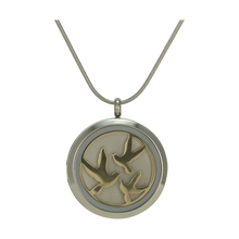 Pewter Round Hinged w/ Bronze Birds, 14K Gold-Plated Cremation Necklace