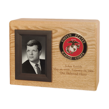 Wooden Military Photo Display Cremation Urn with Marine Corps Medallion