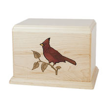 Wooden Cremation Urn with Cardinal Inlay Design