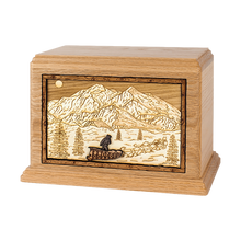 Wooden Cremation Urn with Dogsled 3D Inlay Design
