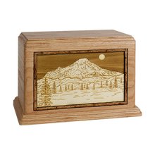Wooden Cremation Urn with Mt. Rainier 3D Inlay Design