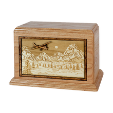 Wooden Cremation Urn with Mountain Splendor Airplane 3d Inlay Design