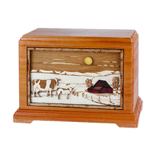 Wooden Hampton Style Cremation Urn with Dairy Cows 3D Inlay Design