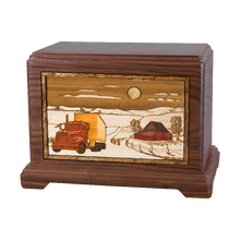 Wooden Hampton Style Cremation Urn with Farm & Truck 3D Inlay Design