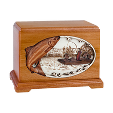 Wooden Hampton Style Cremation Urn with Salmon Boat Fishing 3D Inlay Design