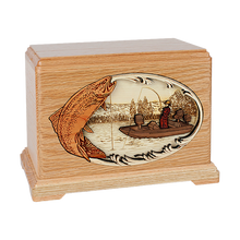 Wooden Hampton Style Cremation Urn with Trout Boat Fishing 3D Inlay Design