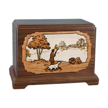 Wooden Hampton Style Cremation Urn with Hunter with Dog 3D Inlay Design