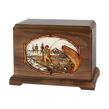 Wooden Hampton Style Cremation Urn with Trout Stream Fishing 3D Inlay Design