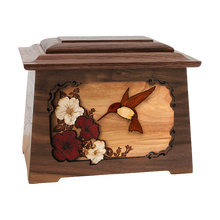 Wooden Astoria Style Cremation Urn with Humming Bird 3D Inlay Design