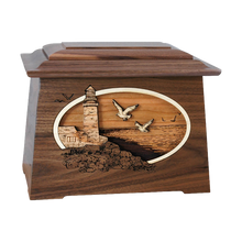 Wooden Astoria Style Cremation Urn with Lighthouse 3D Inlay Design