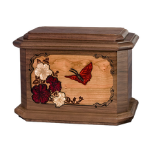 Wooden Octagon Style Cremation Urn with Butterfly 3D Inlay Design
