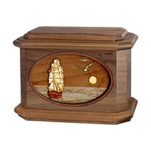 Wooden Octagon Style Cremation Urn with Sailing Home 3D Inlay Design