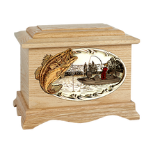 Wooden Ambassador Style Cremation Urn with Boat and Bass Fishing 3D Inlay Design