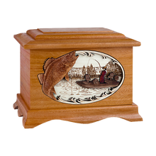 Wooden Ambassador Style Cremation Urn with Boat and Walleye Fishing 3D Inlay Design
